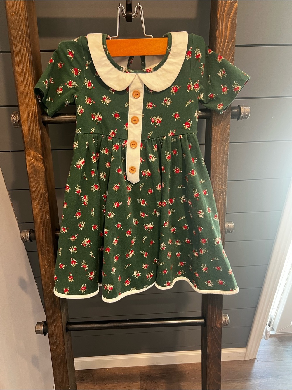 SweetHoney Green Floral Dress with Cream Collar and Red Accents